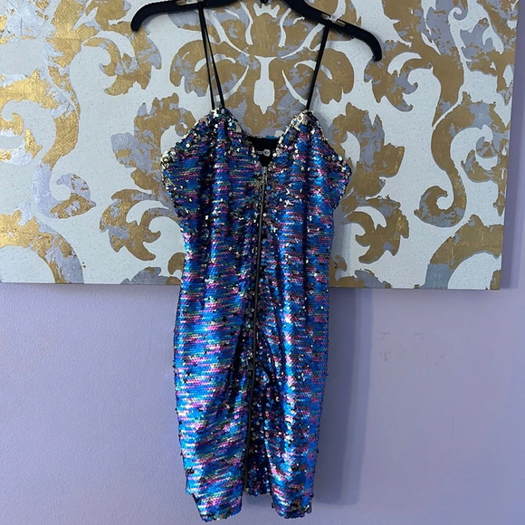Boohoo Night Size 6 Rainbow Flip Sequins with‎ Gold Spaghetti Strap Mini Dress - Picture 1 of 8